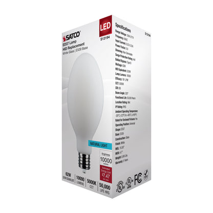 image of 62 Watt LED HID Replacement - ED37 - 5000K - Extended Mogul Base - White - 120-277 Range Voltage