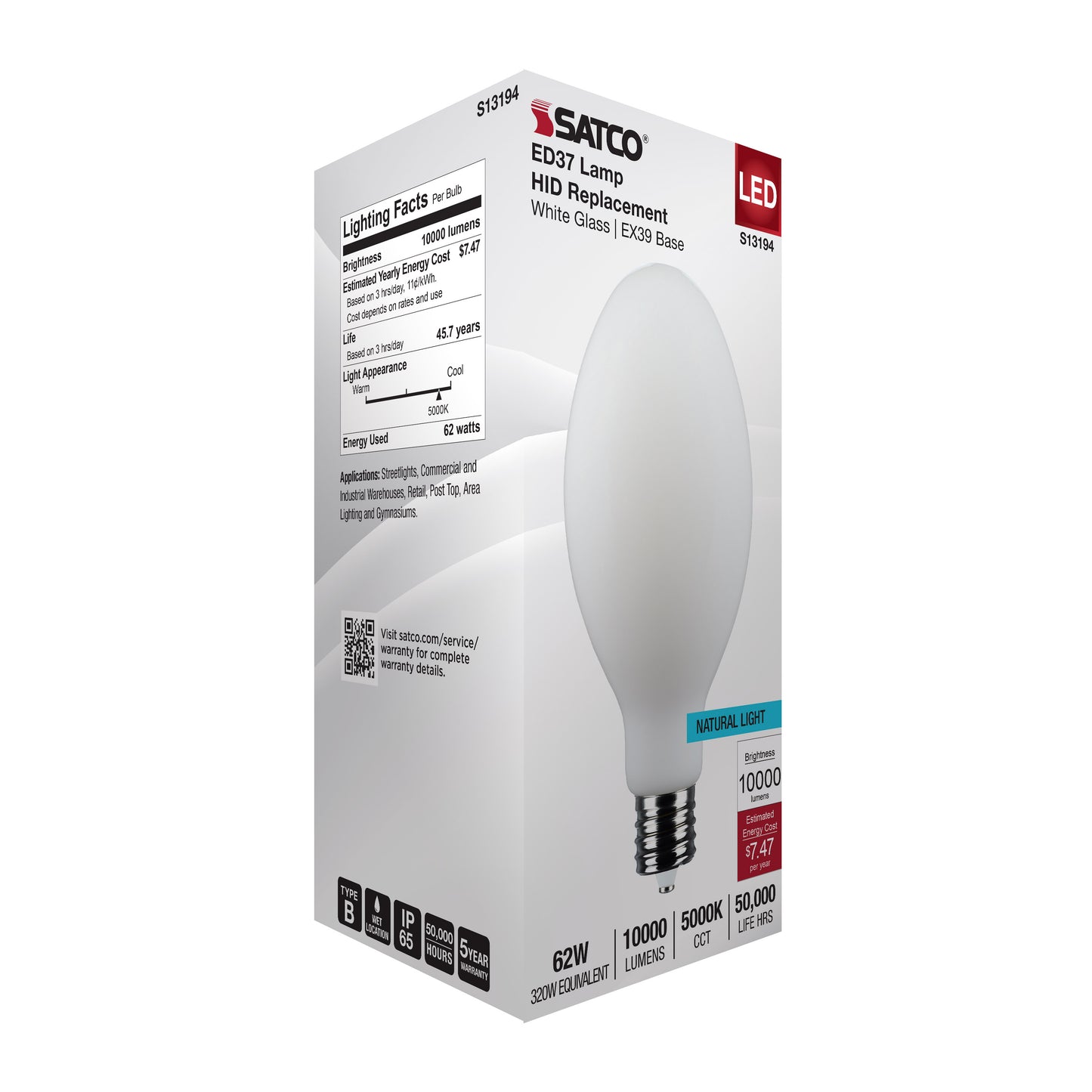 image of 62 Watt LED HID Replacement - ED37 - 5000K - Extended Mogul Base - White - 120-277 Range Voltage