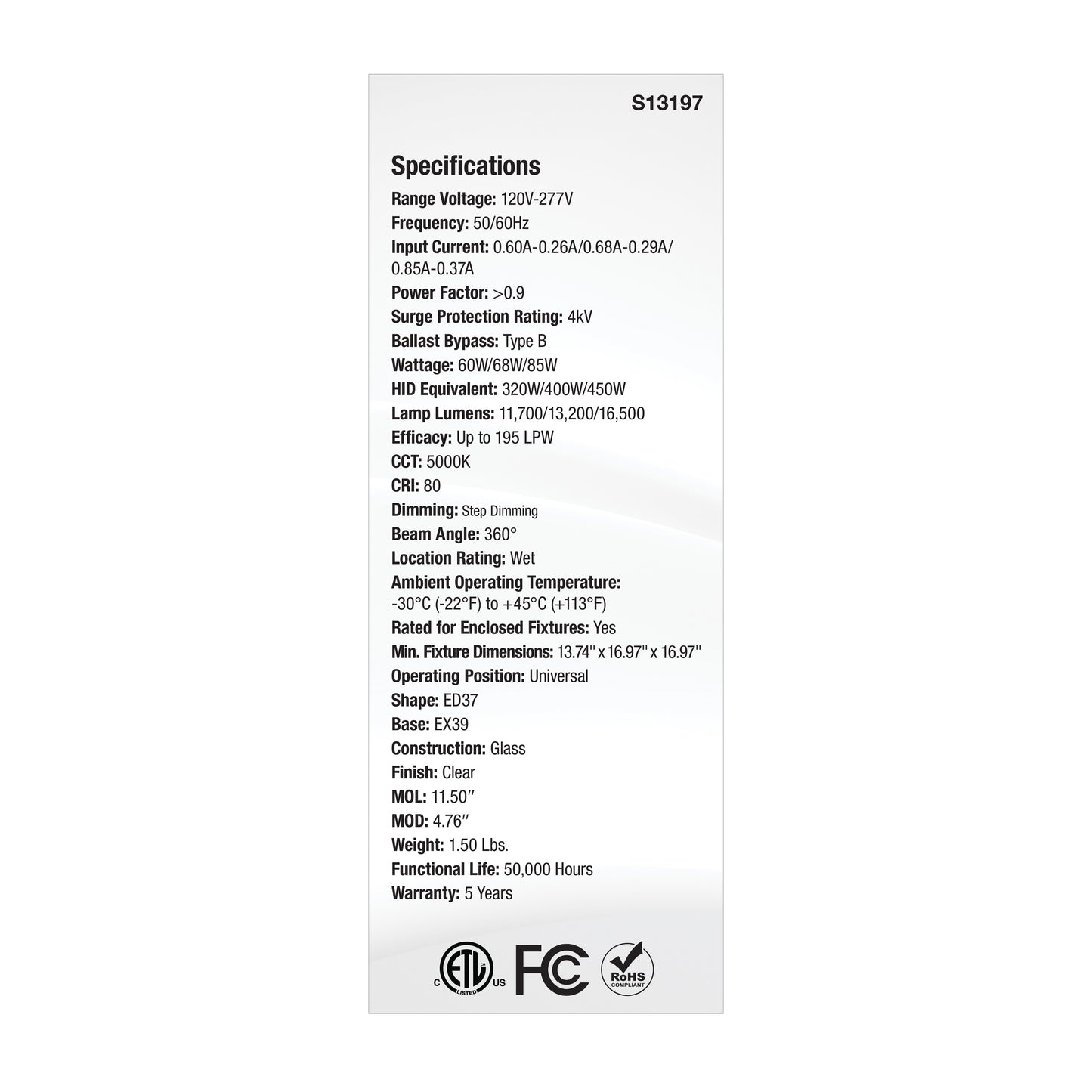 image of 30/38/45 Wattage Selectable LED HID Replacement - ED28 - 5000K - Mogul Extended Base - Clear - 120-277 Range Voltage
