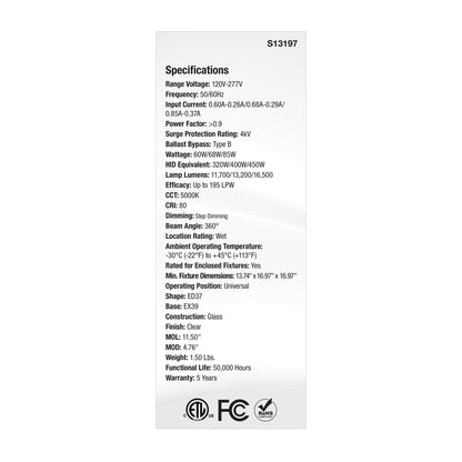 image of 30/38/45 Wattage Selectable LED HID Replacement - ED28 - 5000K - Mogul Extended Base - Clear - 120-277 Range Voltage