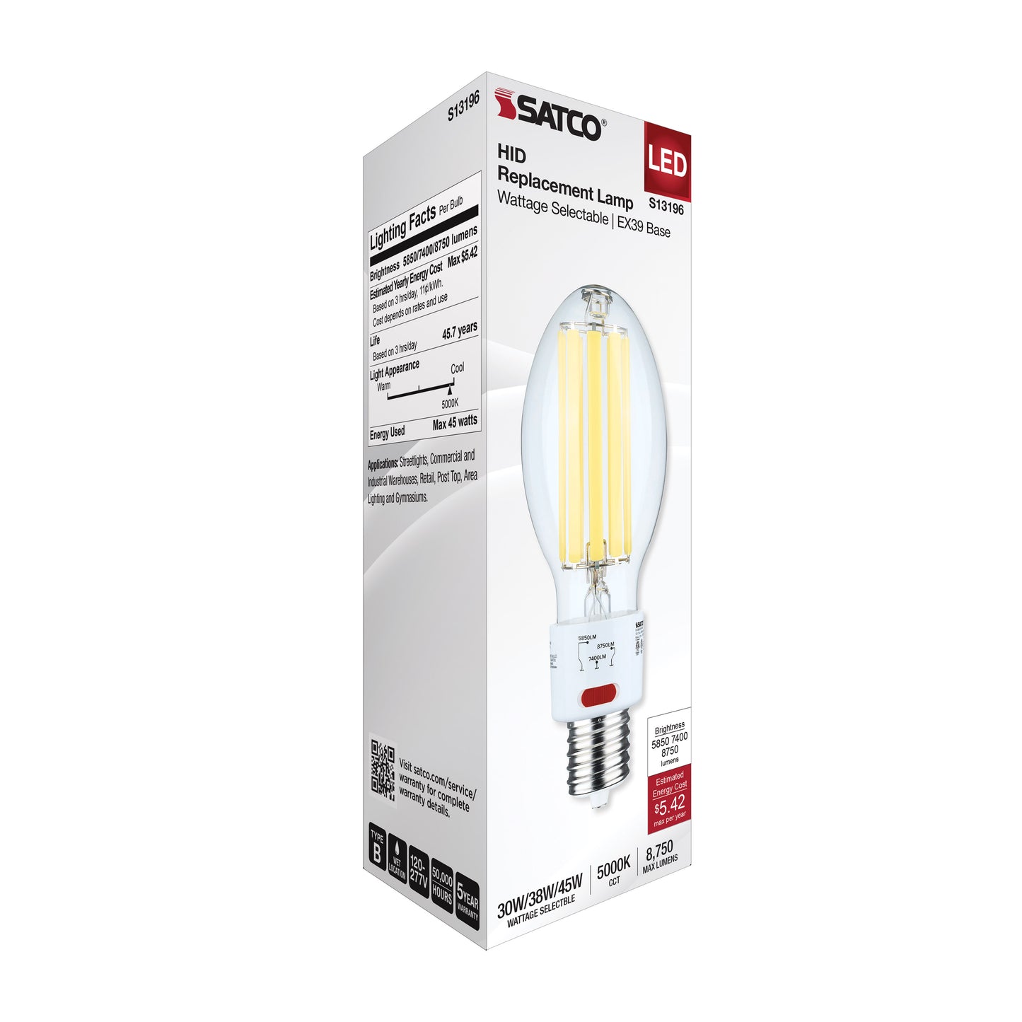 image of 30/38/45 Wattage Selectable LED HID Replacement - ED28 - 5000K - Mogul Extended Base - Clear - 120-277 Range Voltage