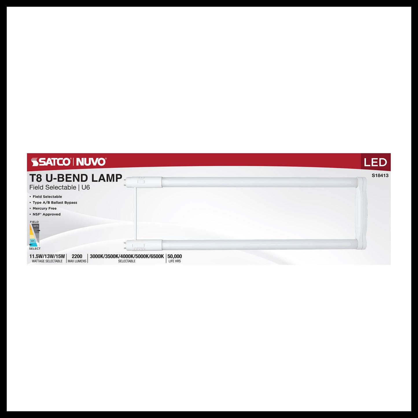 image of 11.5/13/15 Wattage Selectable T8 U-Bend LED - 30K/35K/40K/50K/65K CCT Selectable - 6-Inch - Frost Finish - 120-277 Range Voltage