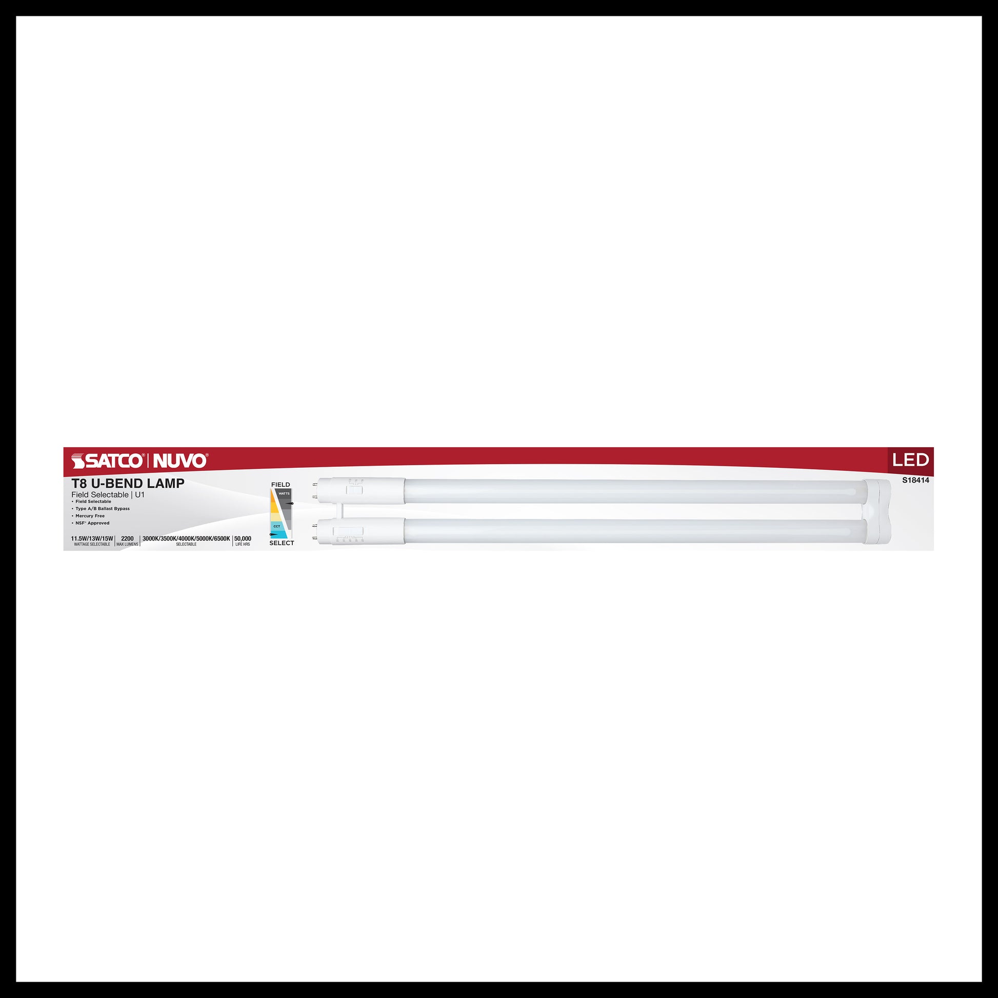 image of 11.5/13/15 Wattage Selectable T8 U-Bend LED - 30K/35K/40K/50K/65K CCT Selectable - 1-Inch - Frost Finish - 120-277 Range Voltage