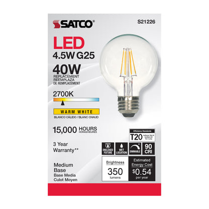 image of 4.5 Watt G25 LED - Clear - Medium base - 90 CRI - 2700K - 120 Volt