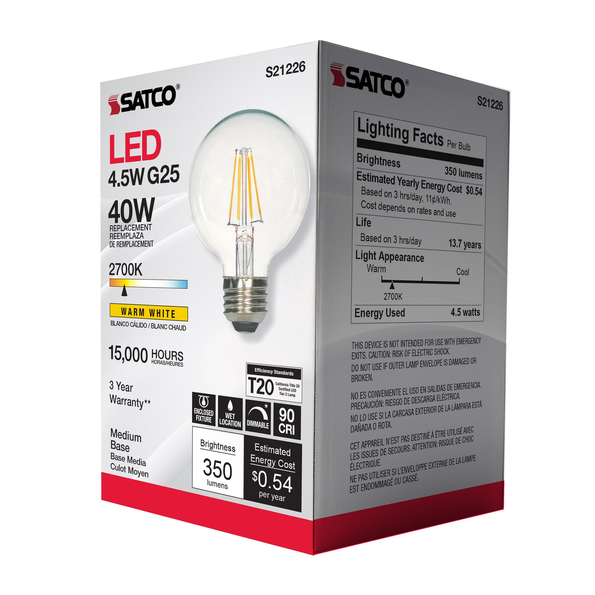 image of 4.5 Watt G25 LED - Clear - Medium base - 90 CRI - 2700K - 120 Volt