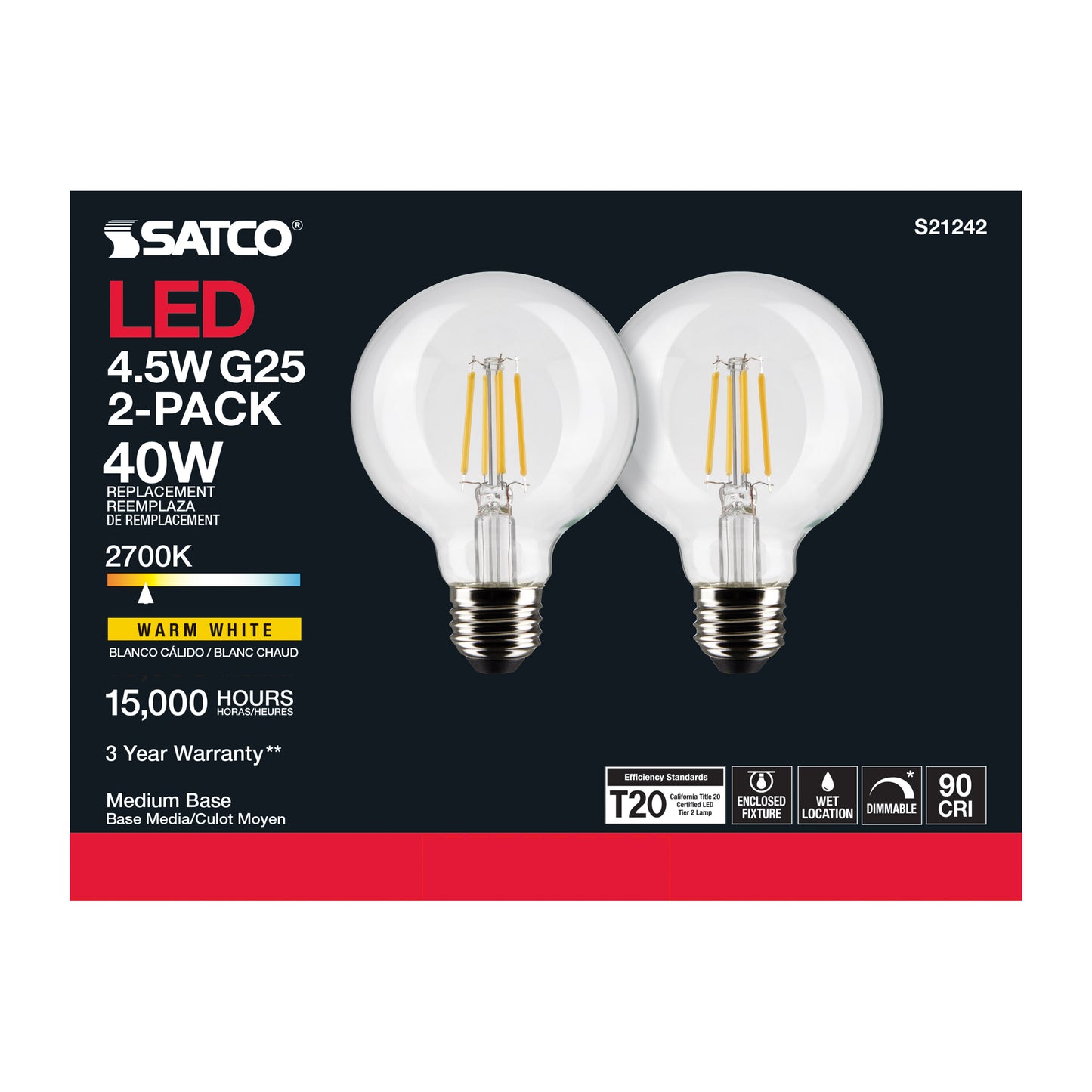 image of 4.5 Watt G25 LED - Clear - Medium base - 90 CRI - 2700K - 120 Volt - 2 Pack