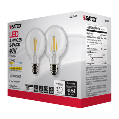 image of 4.5 Watt G25 LED - Clear - Medium base - 90 CRI - 2700K - 120 Volt - 2 Pack