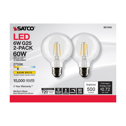 image of 6 Watt G25 LED - Clear - Medium base - 90 CRI - 2700K - 120 Volt - 2 Pack