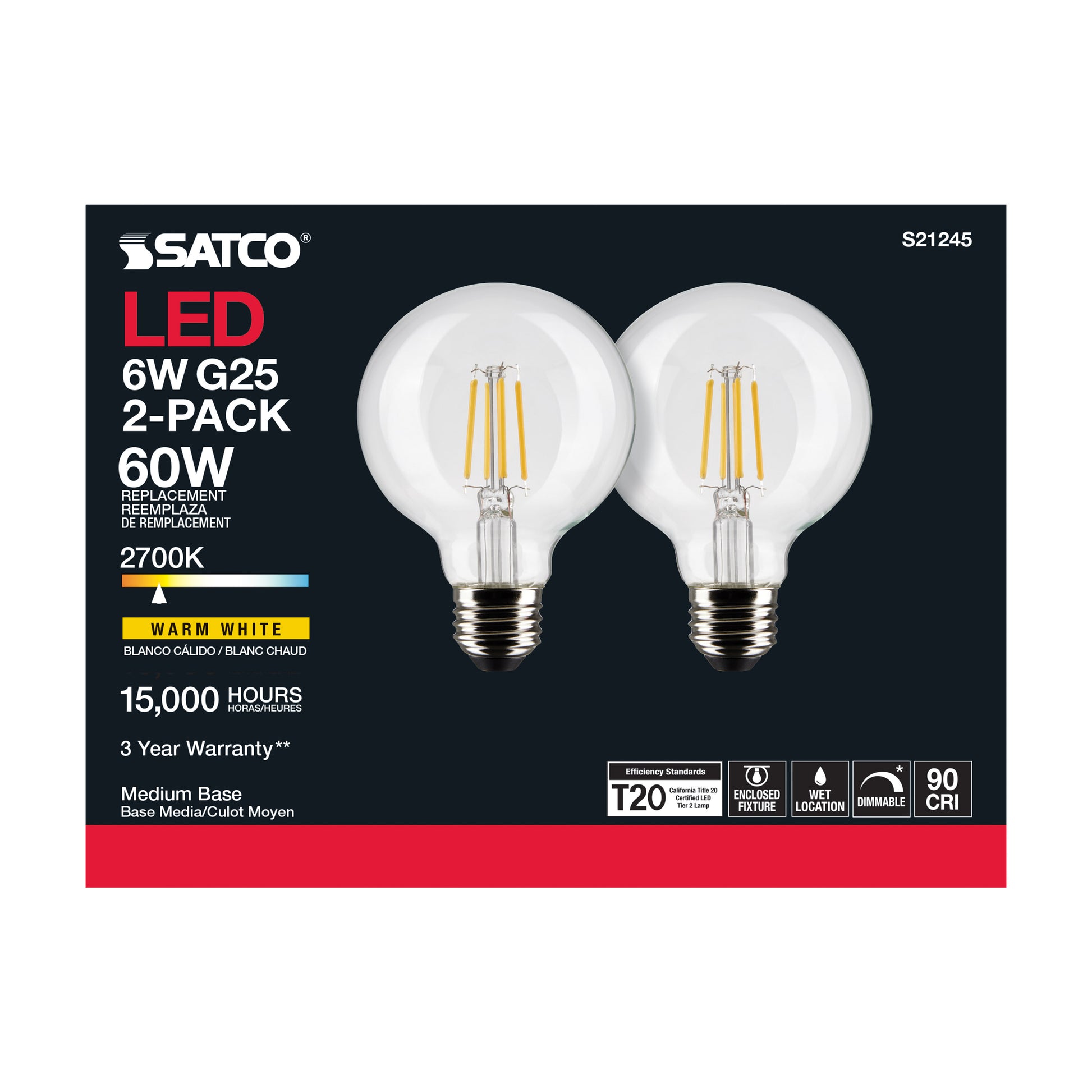 image of 6 Watt G25 LED - Clear - Medium base - 90 CRI - 2700K - 120 Volt - 2 Pack
