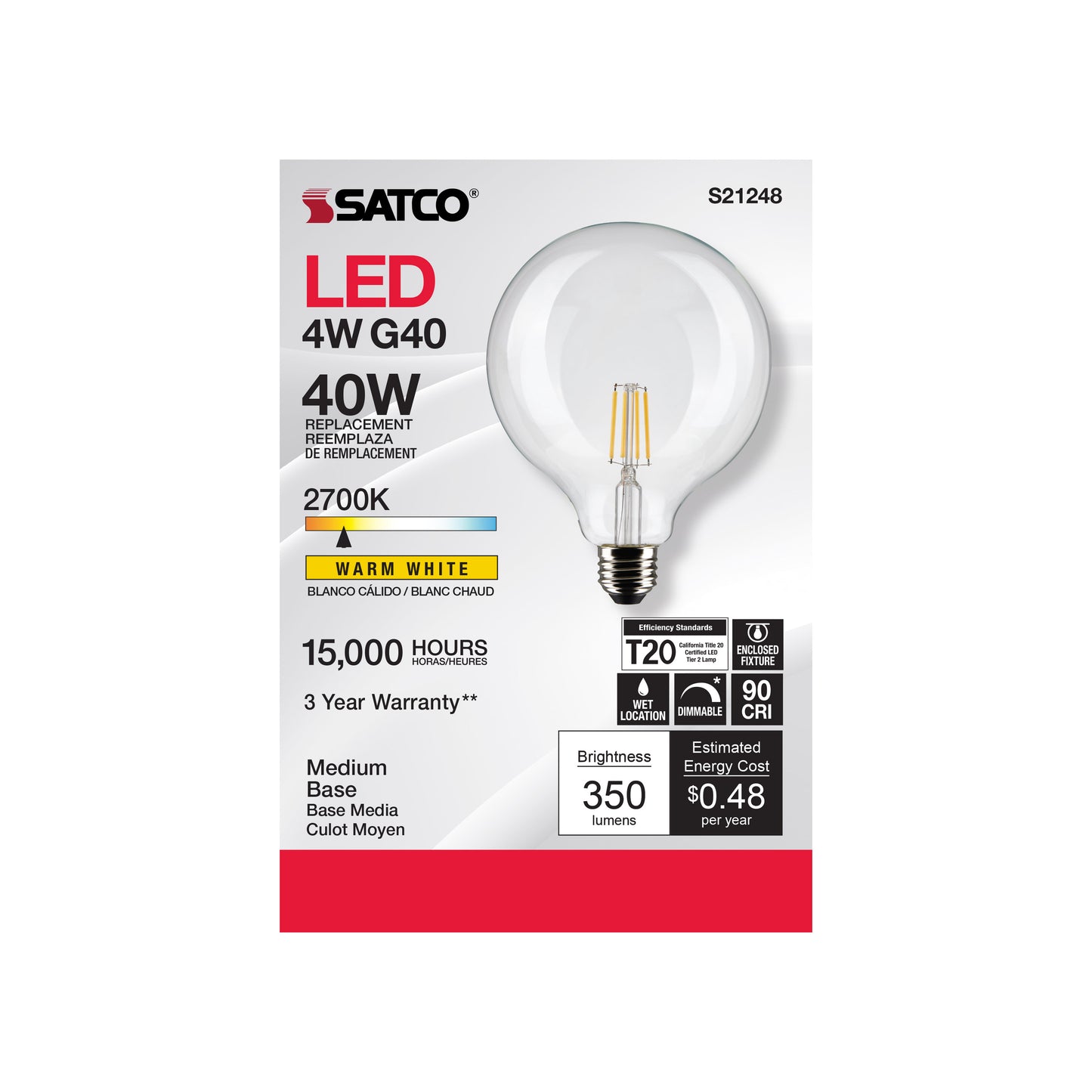 image of 4 Watt G40 LED - Clear - Medium base - 90 CRI - 2700K - 120 Volt