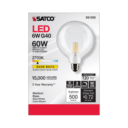 image of 6 Watt G40 LED - Clear - Medium base - 90 CRI - 2700K - 120 Volt