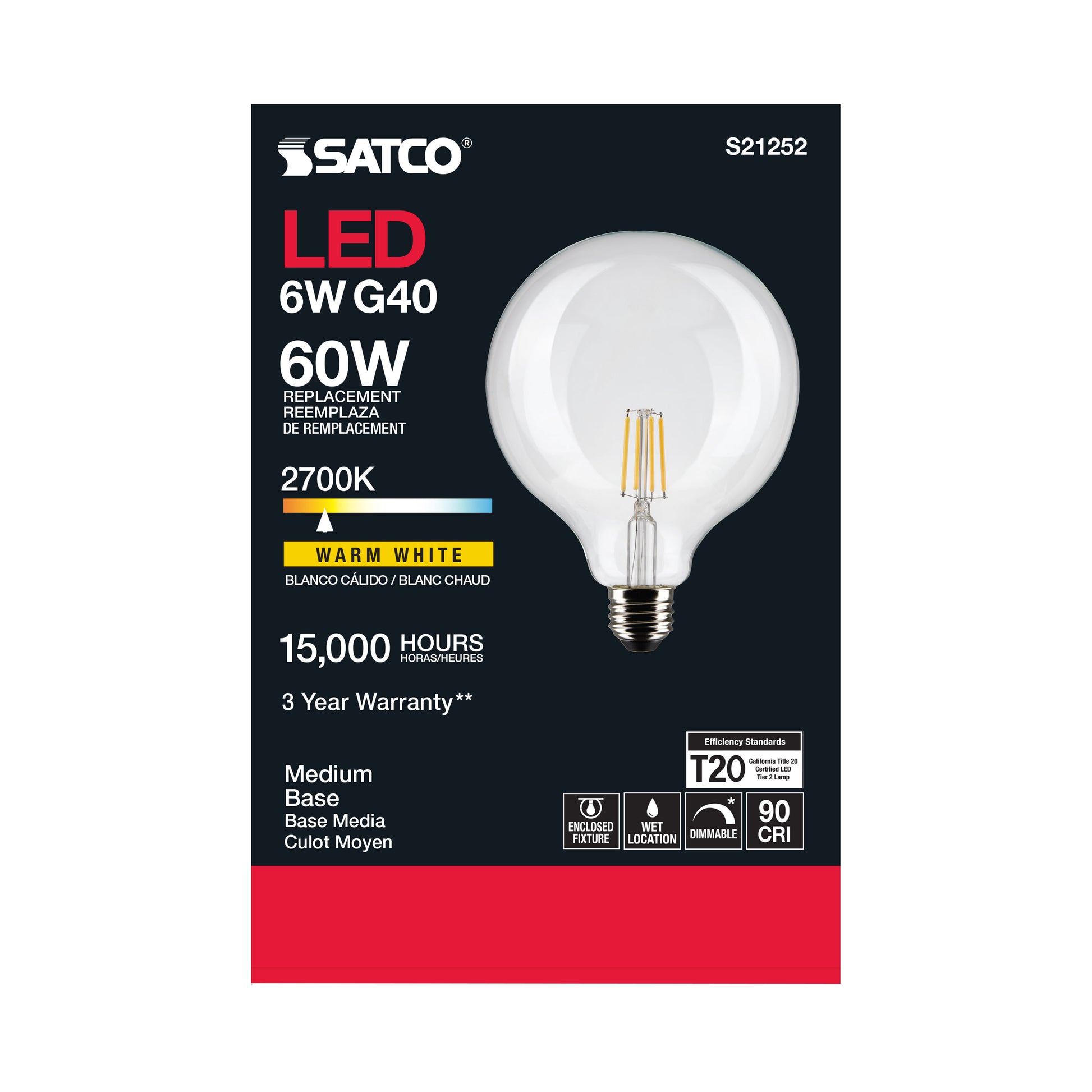 image of 6 Watt G40 LED - Clear - Medium base - 90 CRI - 2700K - 120 Volt