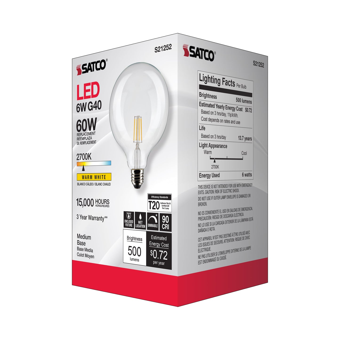 image of 6 Watt G40 LED - Clear - Medium base - 90 CRI - 2700K - 120 Volt