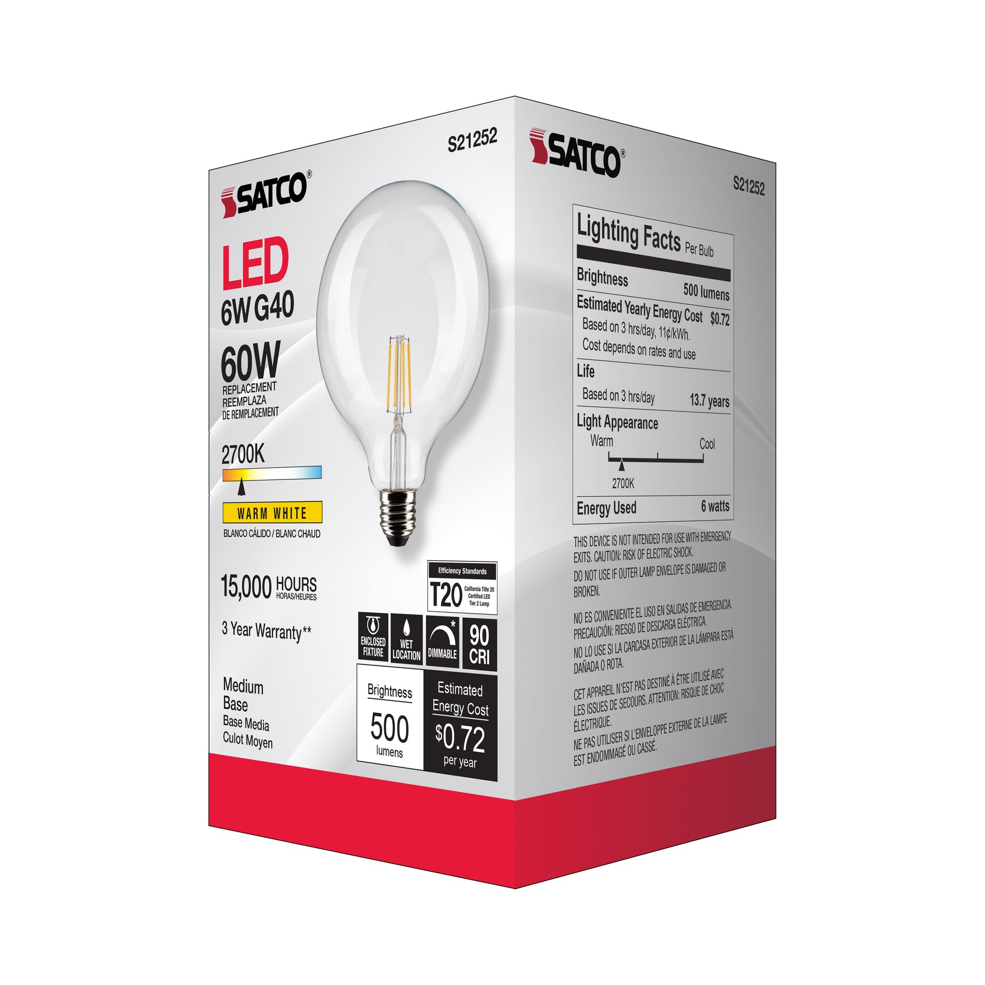 image of 6 Watt G40 LED - Clear - Medium base - 90 CRI - 2700K - 120 Volt