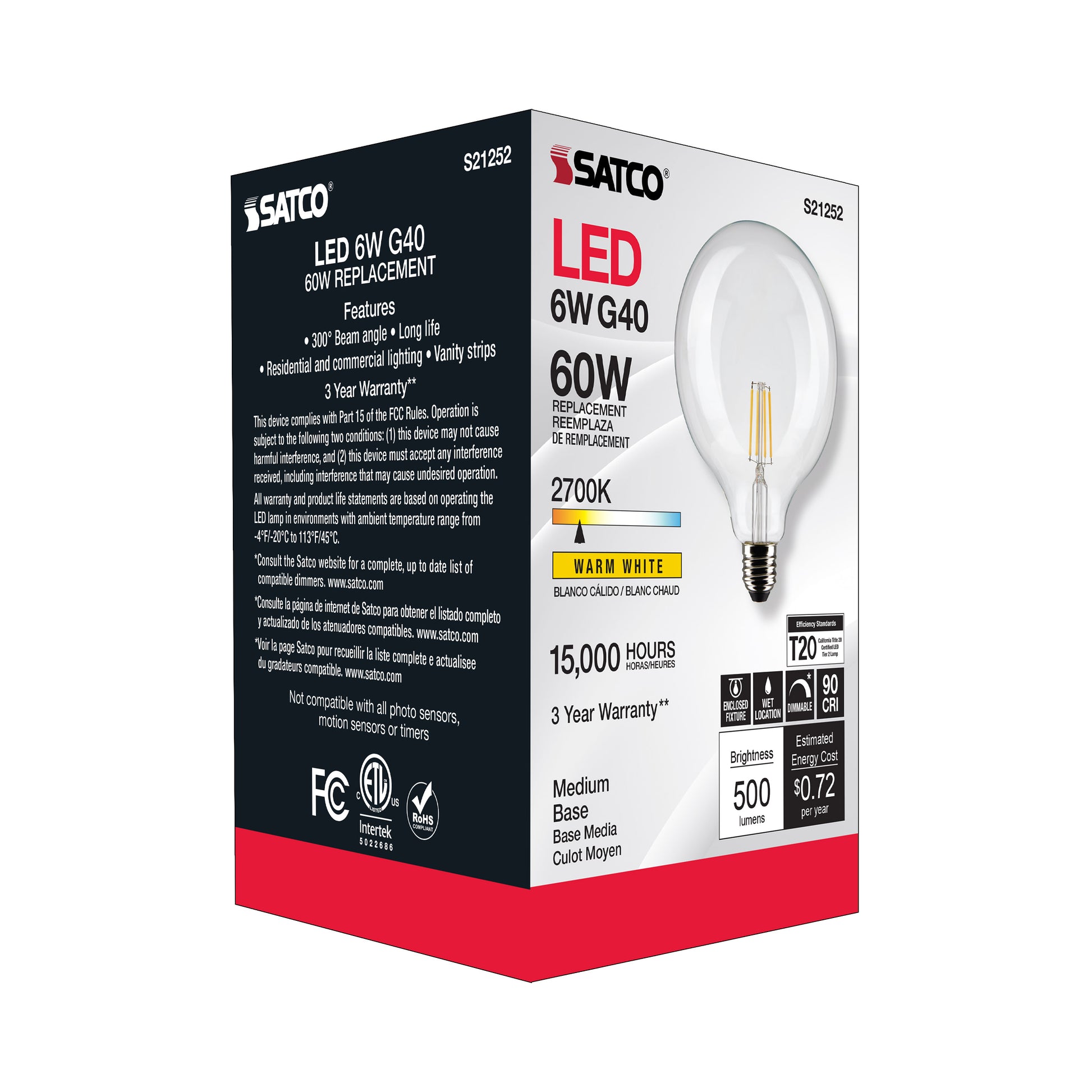 image of 6 Watt G40 LED - Clear - Medium base - 90 CRI - 2700K - 120 Volt
