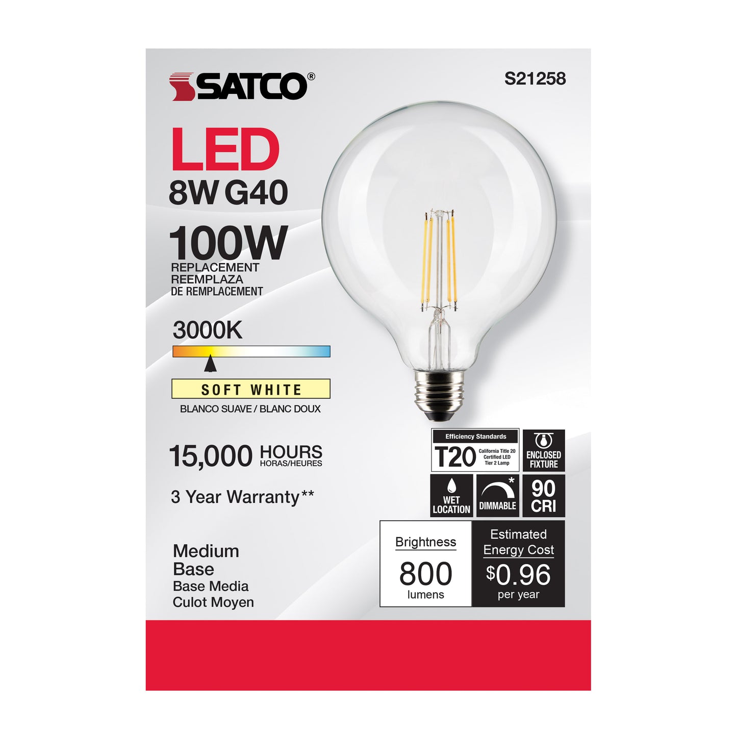 image of 8 Watt G40 LED - Clear - Medium base - 90 CRI - 3000K - 120 Volt