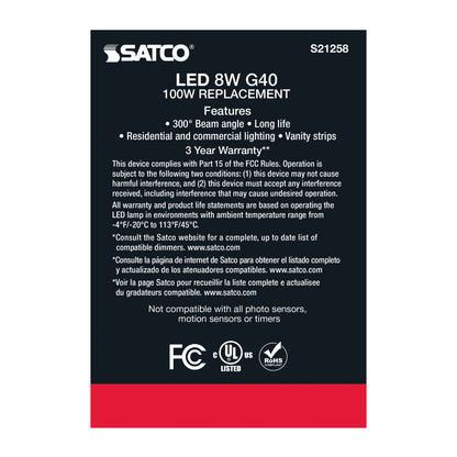 image of 8 Watt G40 LED - Clear - Medium base - 90 CRI - 3000K - 120 Volt