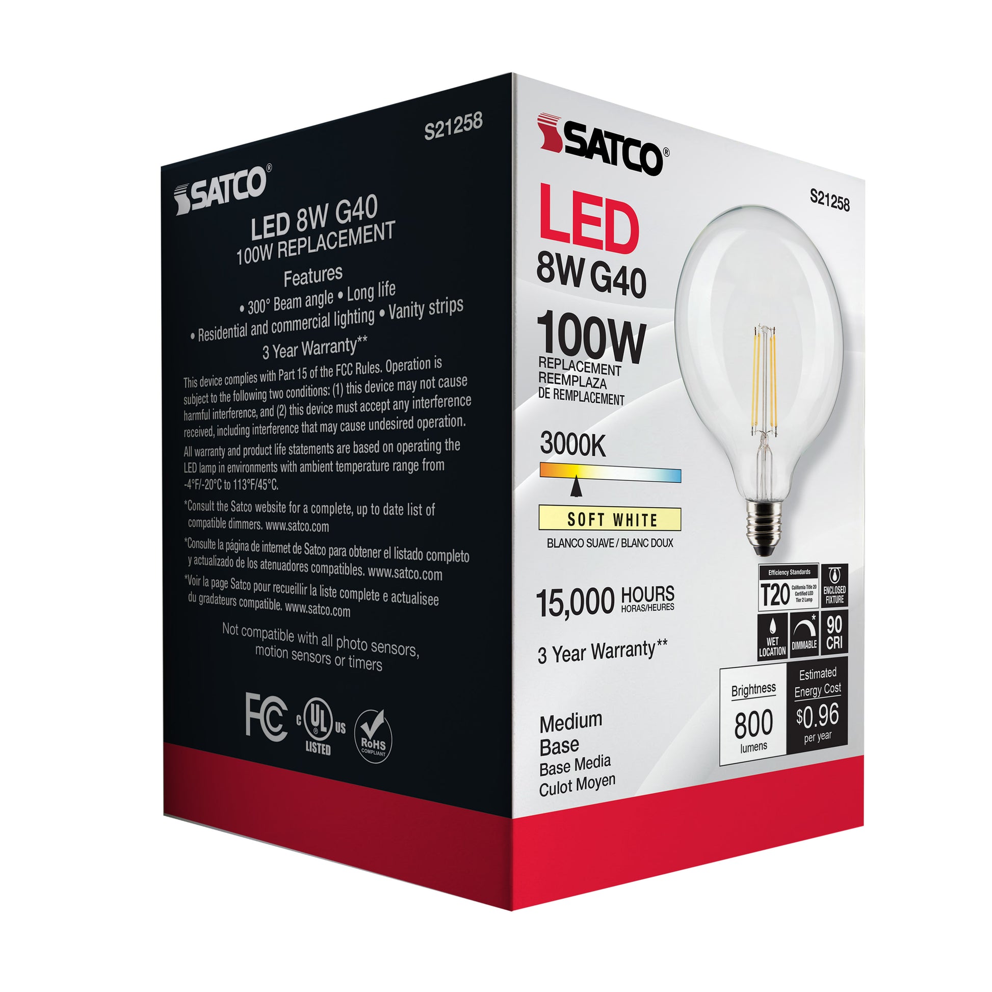 image of 8 Watt G40 LED - Clear - Medium base - 90 CRI - 3000K - 120 Volt