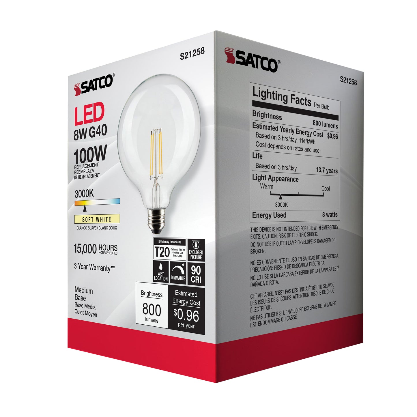 image of 8 Watt G40 LED - Clear - Medium base - 90 CRI - 3000K - 120 Volt