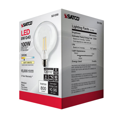 image of 8 Watt G40 LED - Clear - Medium base - 90 CRI - 3000K - 120 Volt