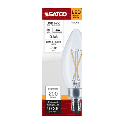 image of 3 Watt B11 LED - Clear - Candelabra base - 90 CRI - 2700K - 120 Volt
