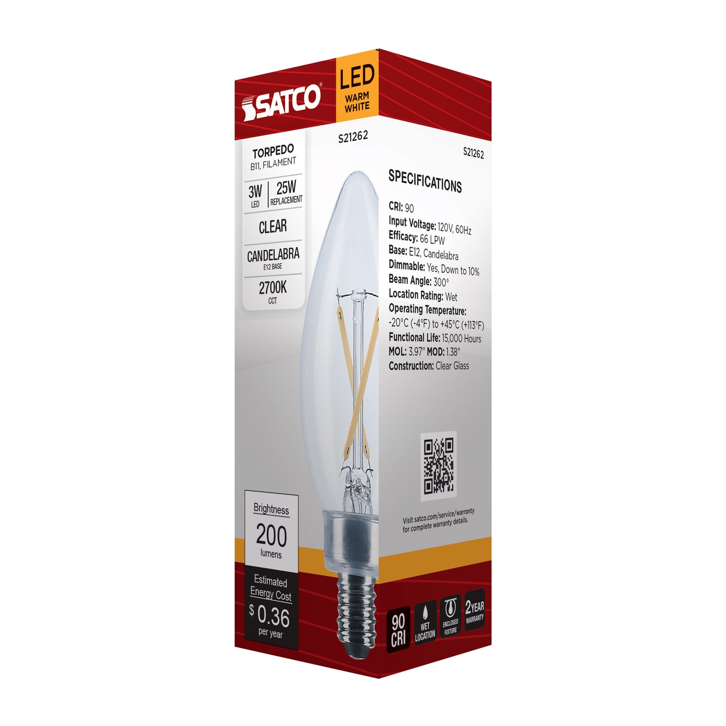 image of 3 Watt B11 LED - Clear - Candelabra base - 90 CRI - 2700K - 120 Volt