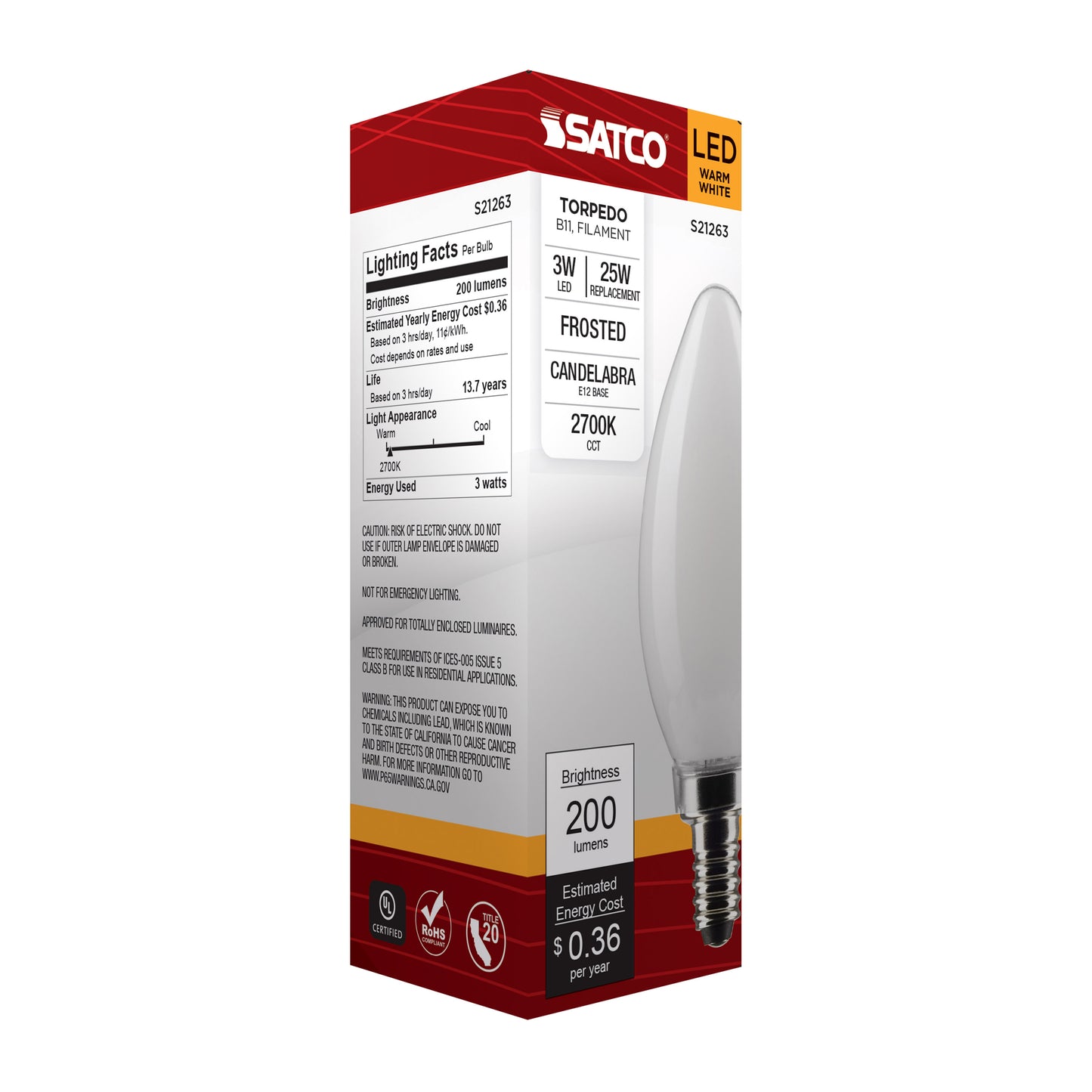 image of 3 Watt B11 LED - Frost - Candelabra base - 90 CRI - 2700K - 120 Volt