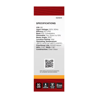 image of 4 Watt B11 LED - Clear - Candelabra base - 90 CRI - 2700K - 120 Volt