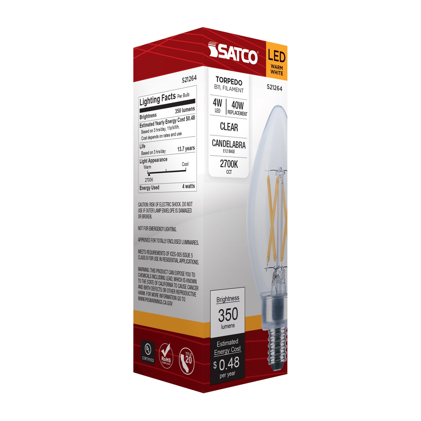 image of 4 Watt B11 LED - Clear - Candelabra base - 90 CRI - 2700K - 120 Volt