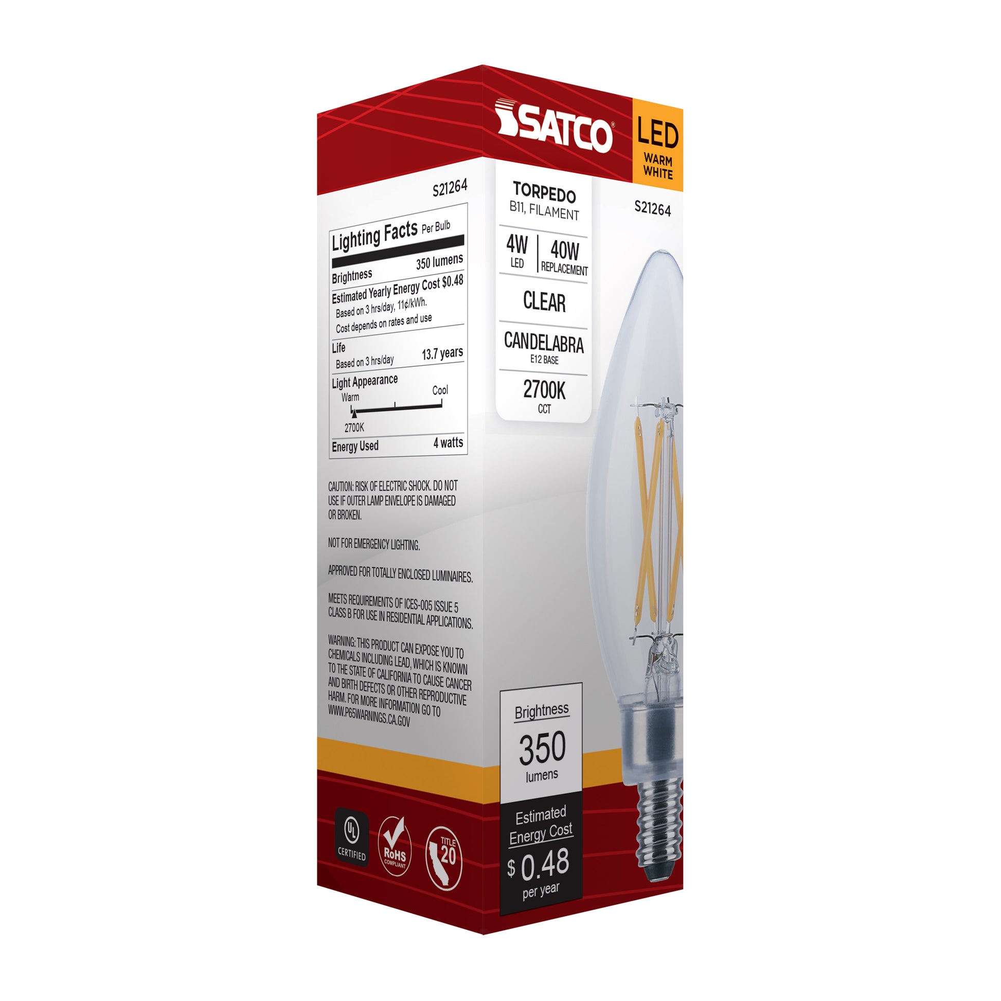 image of 4 Watt B11 LED - Clear - Candelabra base - 90 CRI - 2700K - 120 Volt