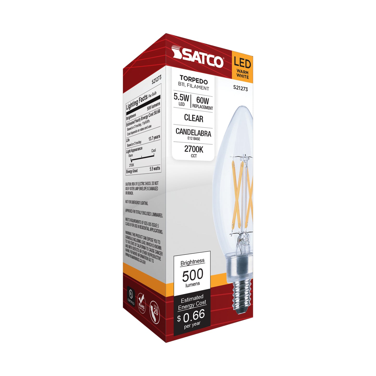 image of 5.5 Watt B11 LED - Clear - Candelabra base - 90 CRI - 2700K - 120 Volt