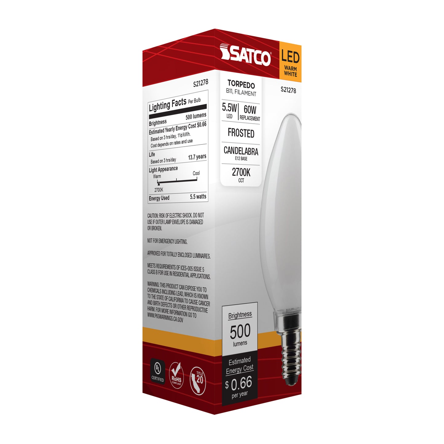 image of 5.5 Watt B11 LED - Frost - Candelabra base - 90 CRI - 2700K - 120 Volt