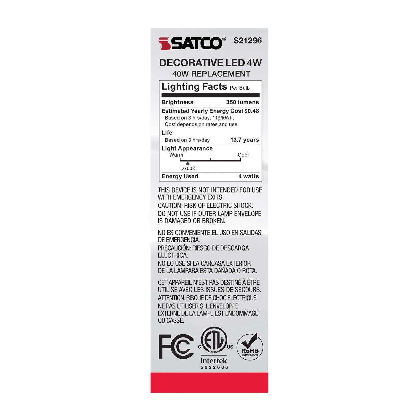 image of 4 Watt CA10 LED - Clear - Candelabra base - 90 CRI - 2700K - 120 Volt