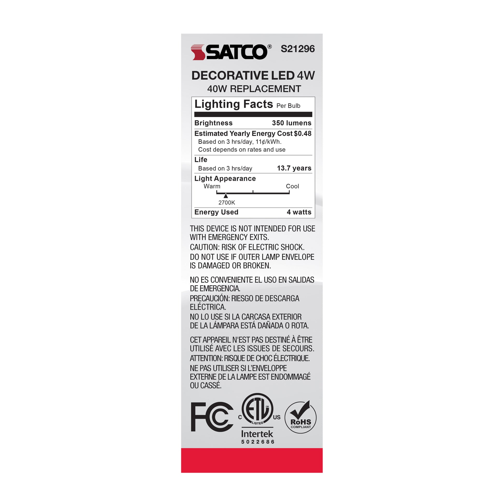 image of 4 Watt CA10 LED - Clear - Candelabra base - 90 CRI - 2700K - 120 Volt