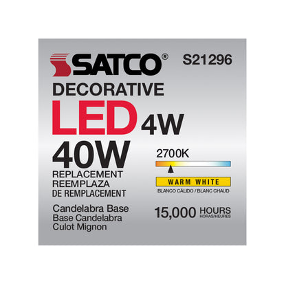 image of 4 Watt CA10 LED - Clear - Candelabra base - 90 CRI - 2700K - 120 Volt