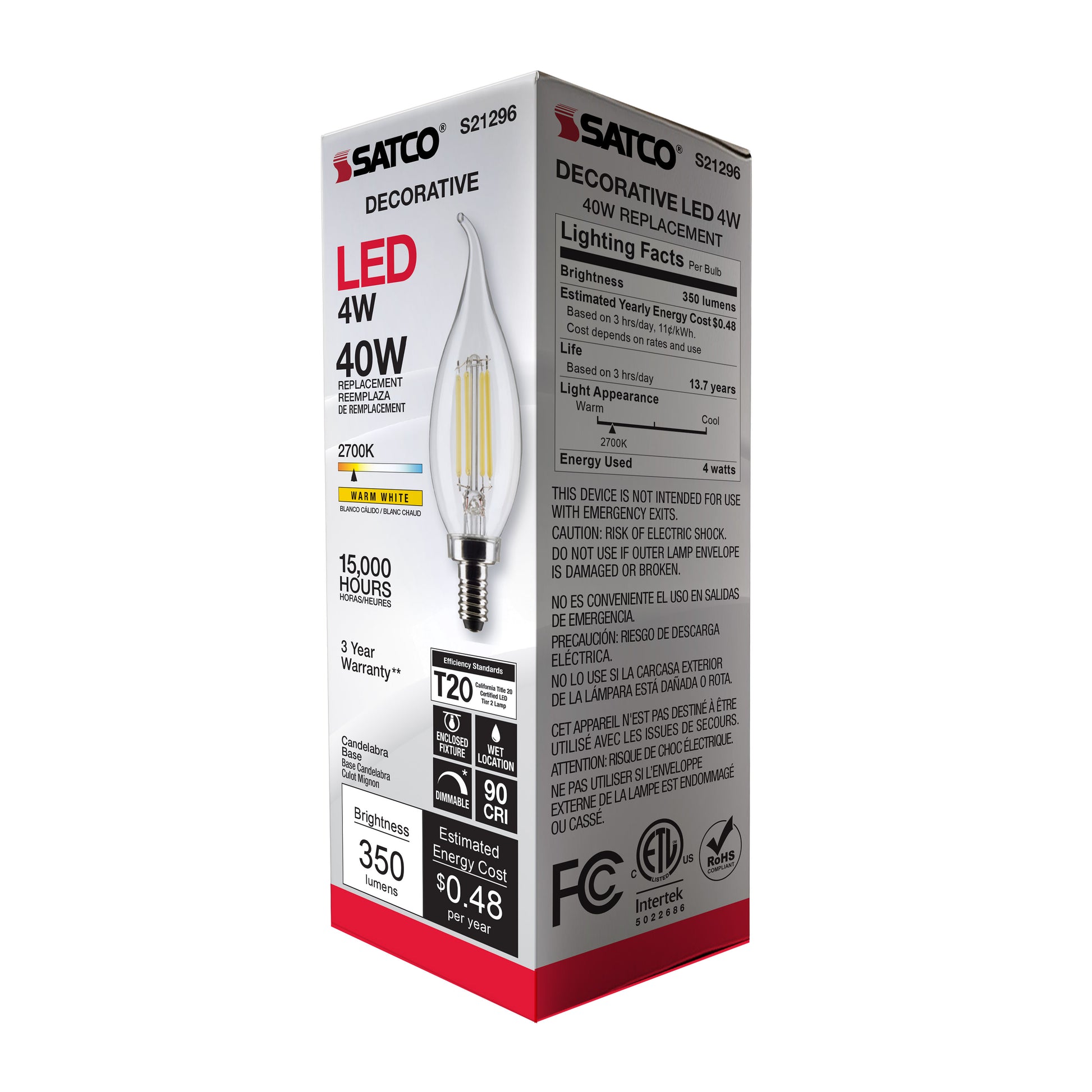 image of 4 Watt CA10 LED - Clear - Candelabra base - 90 CRI - 2700K - 120 Volt