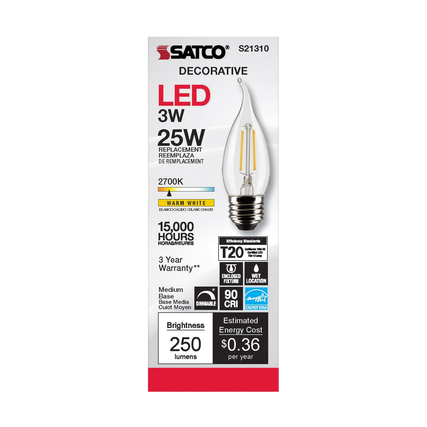 image of 3 Watt CA10 LED - Clear - Medium base - 90 CRI - 2700K - 120 Volt