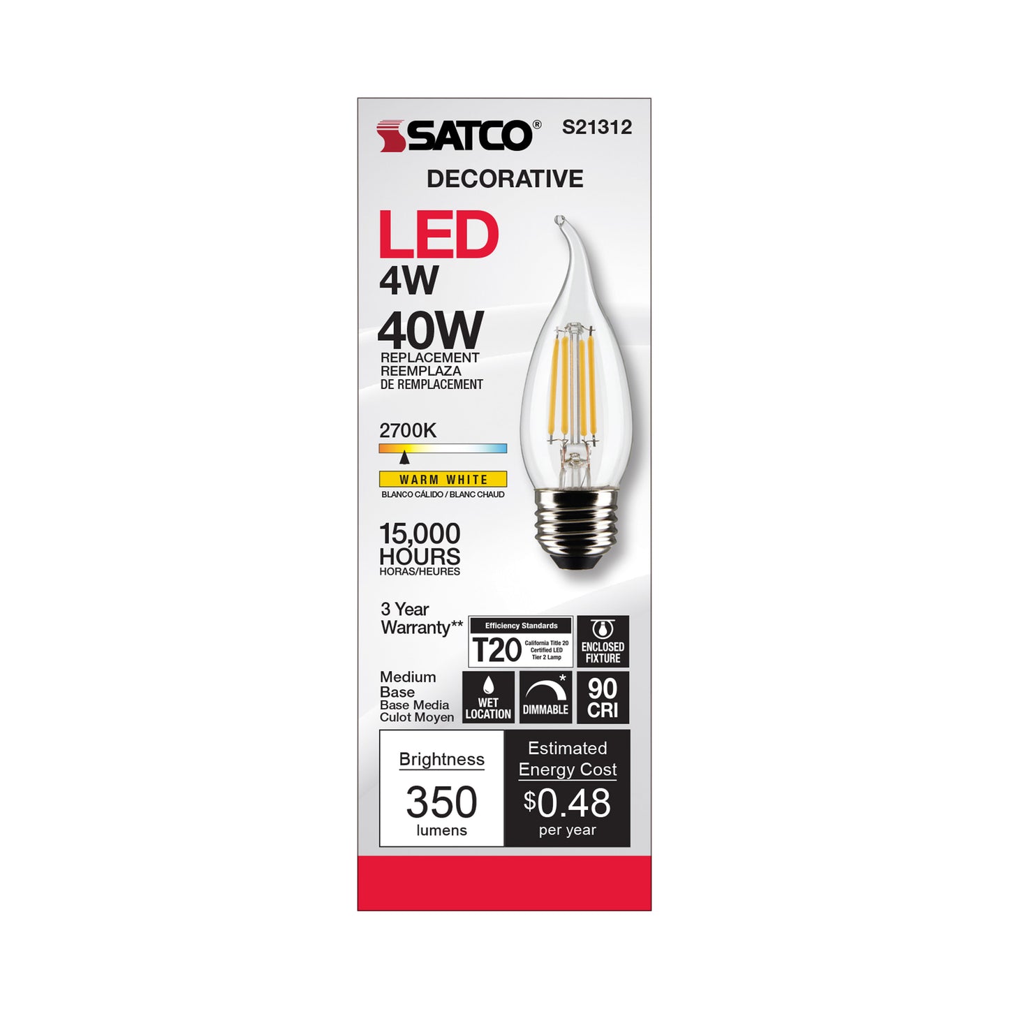 image of 4 Watt CA10 LED - Clear - Medium base - 90 CRI - 2700K - 120 Volt