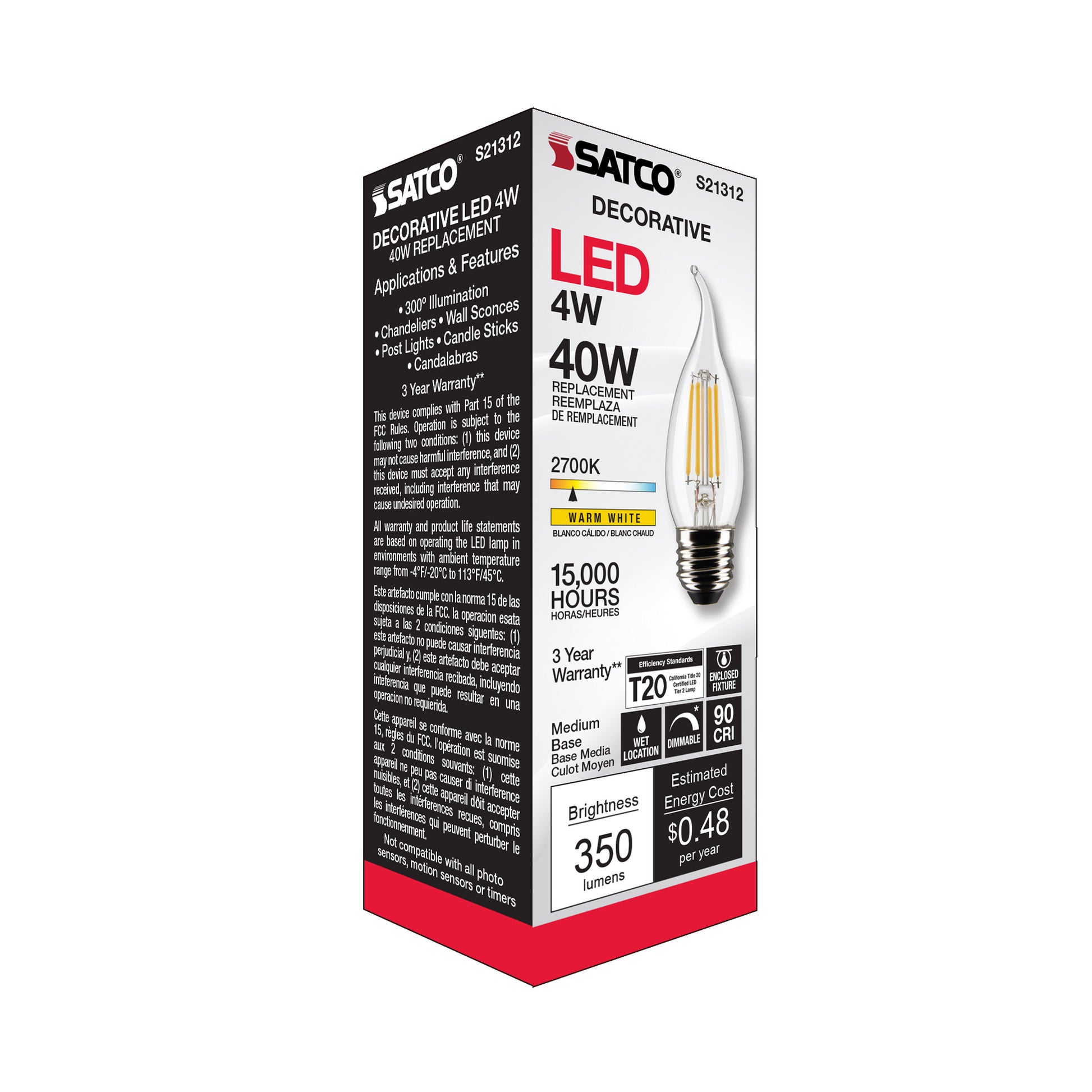 image of 4 Watt CA10 LED - Clear - Medium base - 90 CRI - 2700K - 120 Volt