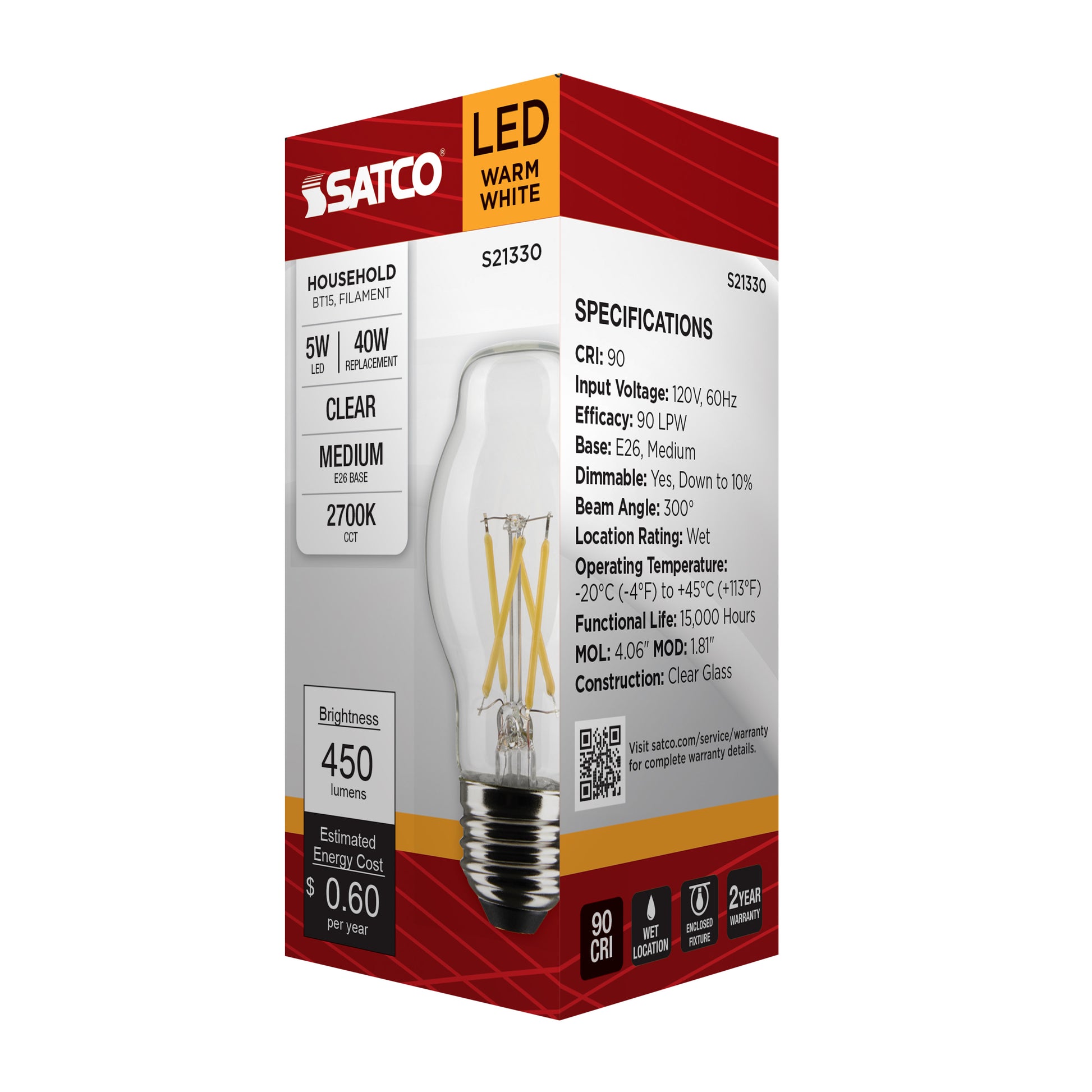 image of 5 Watt BT15 LED - Clear - Medium base - 90 CRI - 2700K - 120 Volt