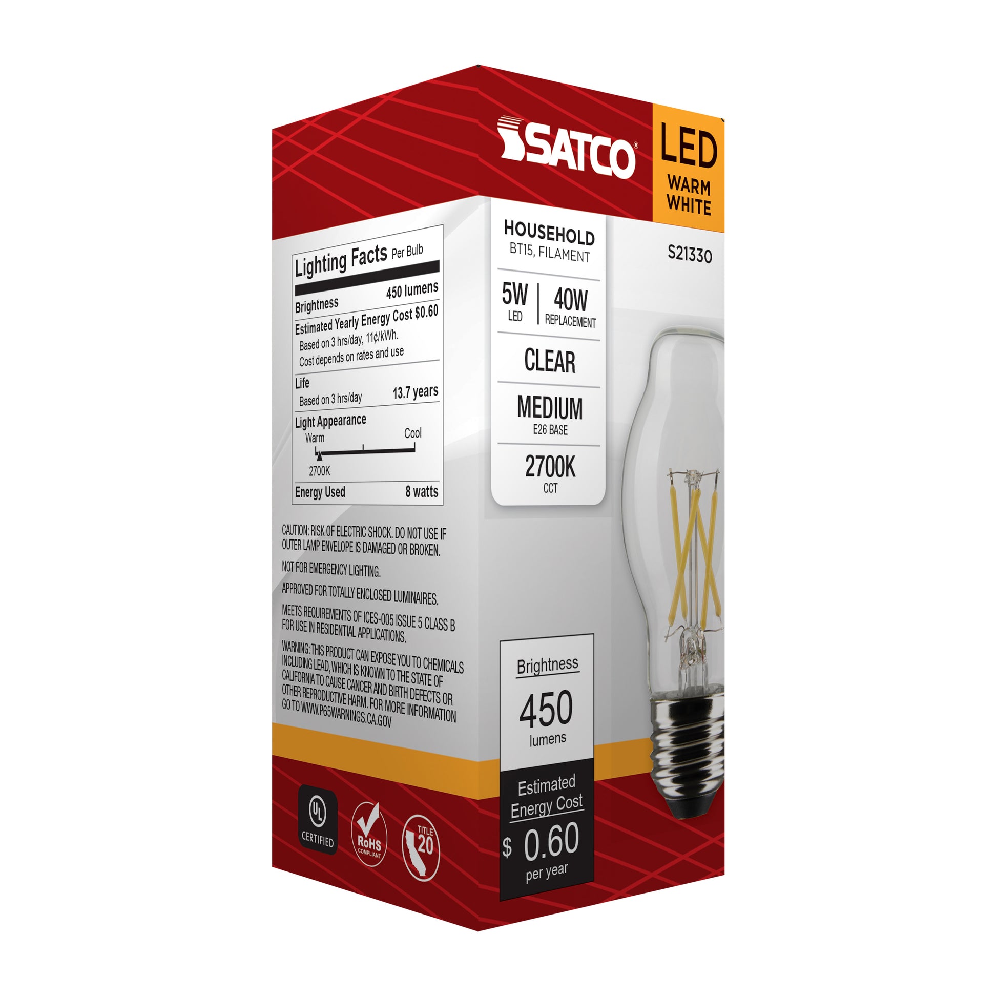 image of 5 Watt BT15 LED - Clear - Medium base - 90 CRI - 2700K - 120 Volt