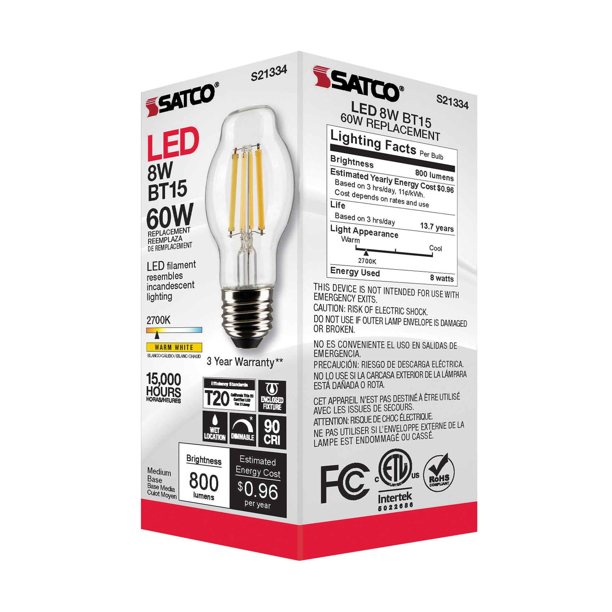 image of 8 Watt BT15 LED - Clear - Medium base - 90 CRI - 2700K - 120 Volt