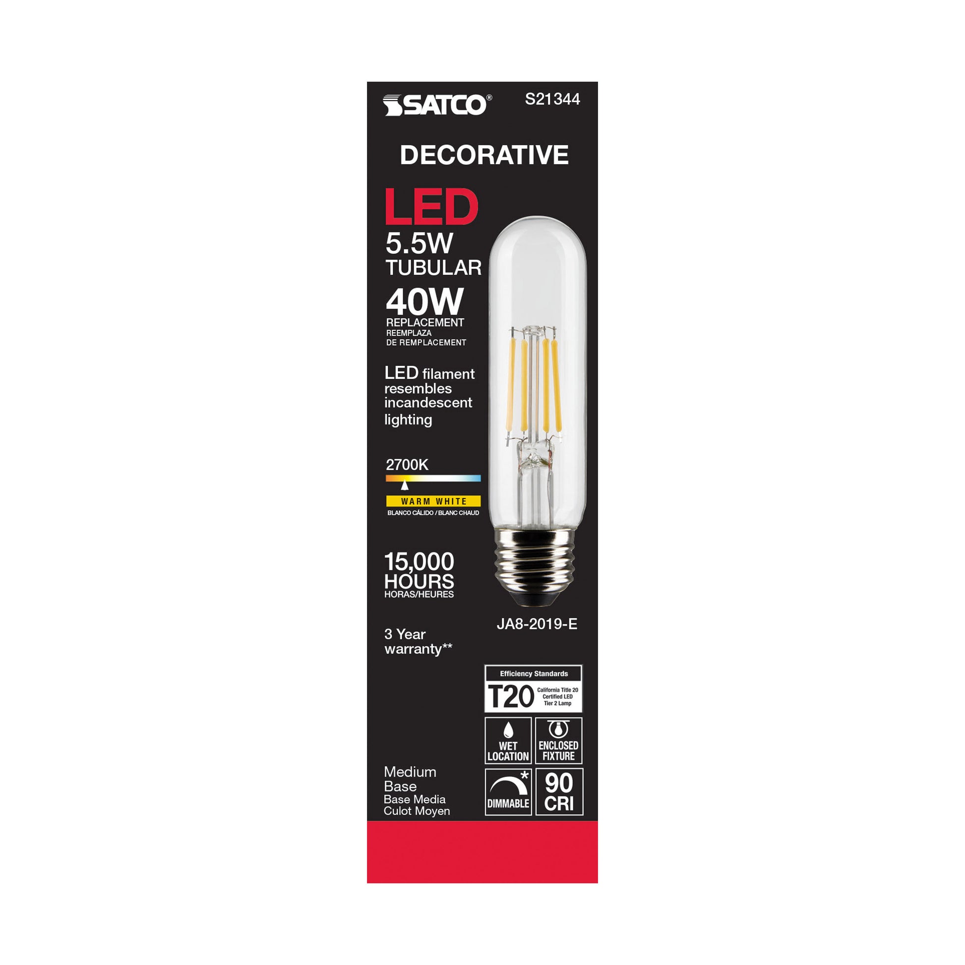 image of 5.5 Watt T10 LED - Clear - Medium base - 90 CRI - 2700K - 120 Volt