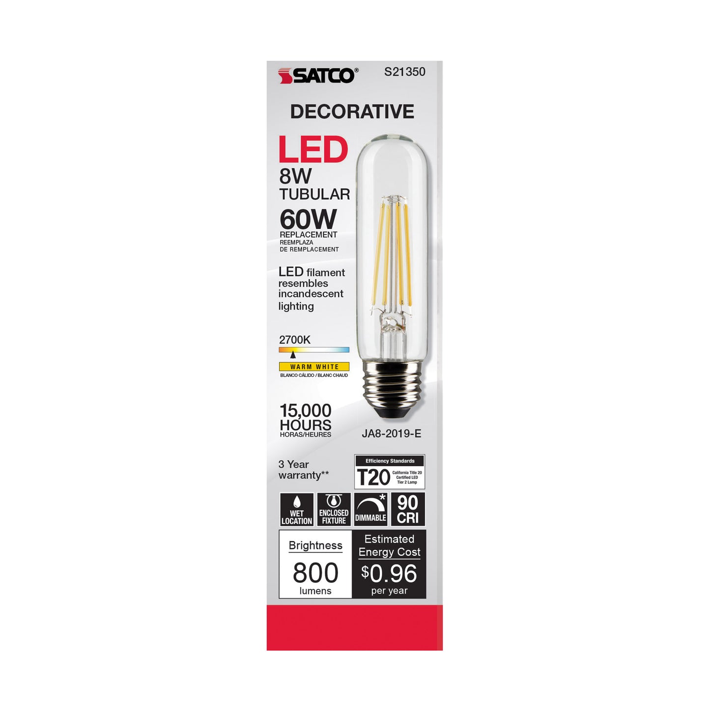 image of 8 Watt T10 LED - Clear - Medium base - 90 CRI - 2700K - 120 Volt
