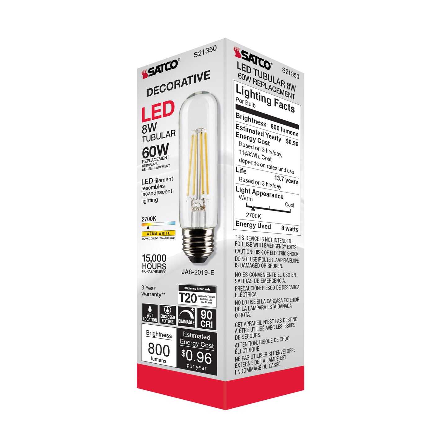 image of 8 Watt T10 LED - Clear - Medium base - 90 CRI - 2700K - 120 Volt