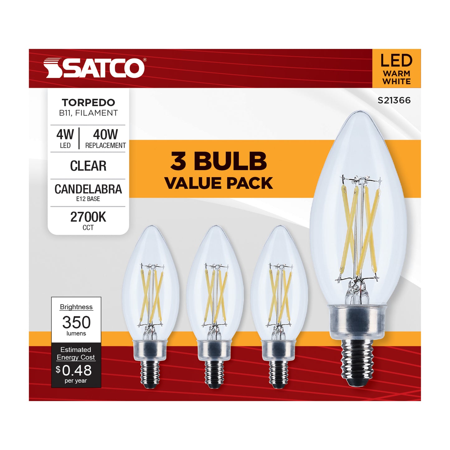 image of 4 Watt B11 LED - Clear - Candelabra base - 90 CRI - 2700K - 120 Volt - 3-Pack