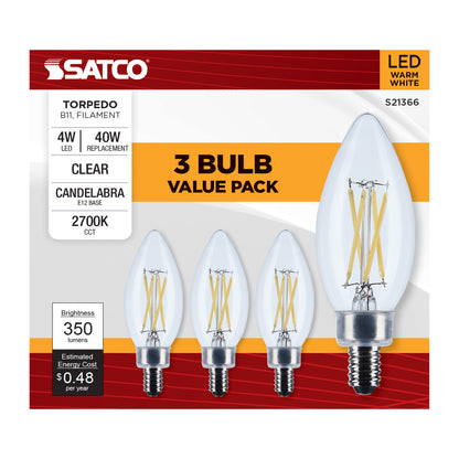 image of 4 Watt B11 LED - Clear - Candelabra base - 90 CRI - 2700K - 120 Volt - 3-Pack
