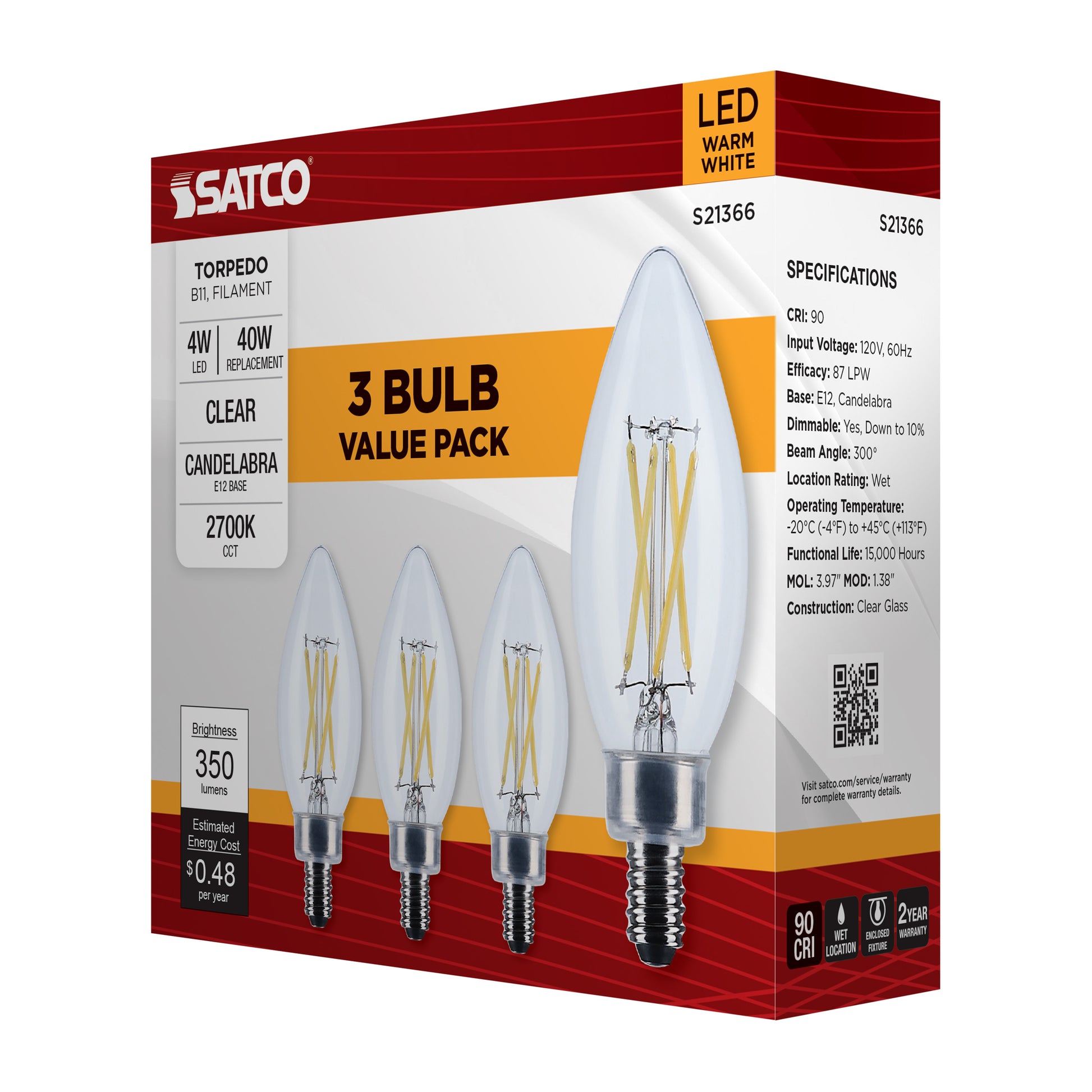 image of 4 Watt B11 LED - Clear - Candelabra base - 90 CRI - 2700K - 120 Volt - 3-Pack