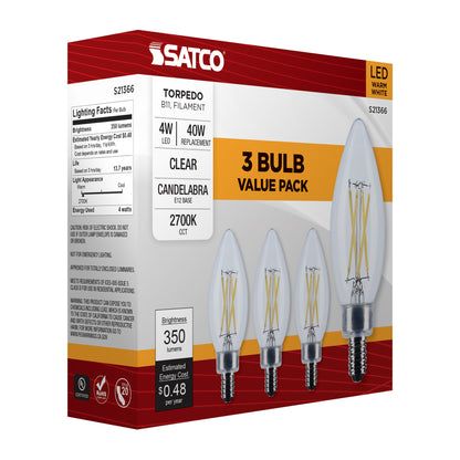 image of 4 Watt B11 LED - Clear - Candelabra base - 90 CRI - 2700K - 120 Volt - 3-Pack