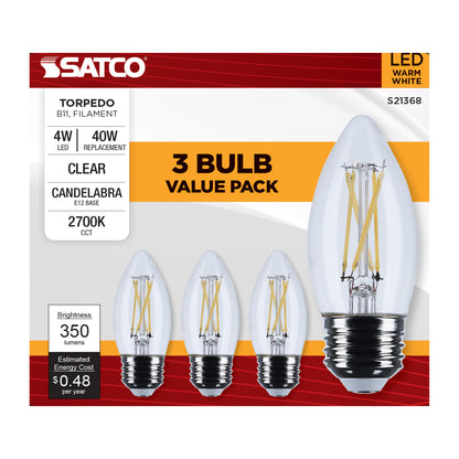 image of 4 Watt B11 LED - Clear - Medium base - 90 CRI - 2700K - 120 Volt - 3-Pack